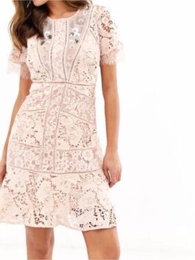 French Connection Guipure Lace cocktail dress light pastel pink beaded sequin XS